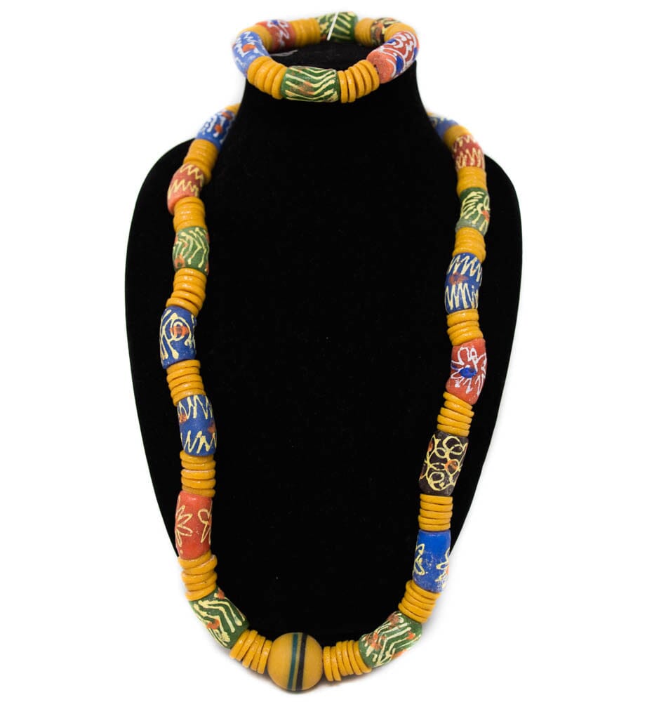 AB16-AMA Handmade Vintage Ghana Krobo Beads, Large Ethnic Ghana Krobo Beads Neck and Wrist Set - Tess World Designs