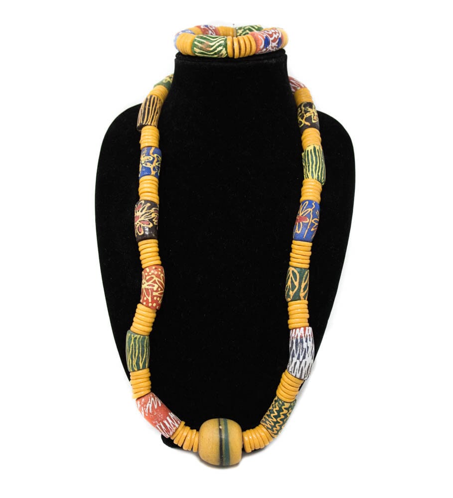 AB16-AMA Handmade Vintage Ghana Krobo Beads, Large Ethnic Ghana Krobo Beads Neck and Wrist Set - Tess World Designs