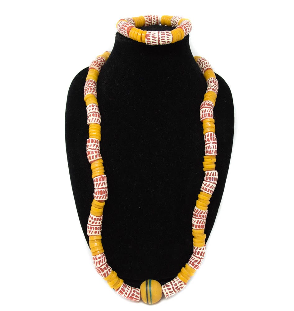 AB18- Vintage Handcrafted Ghana Krobo Beads, Large Ethnic Ghana Krobo Beads Neck and Wrist Set - Tess World Designs