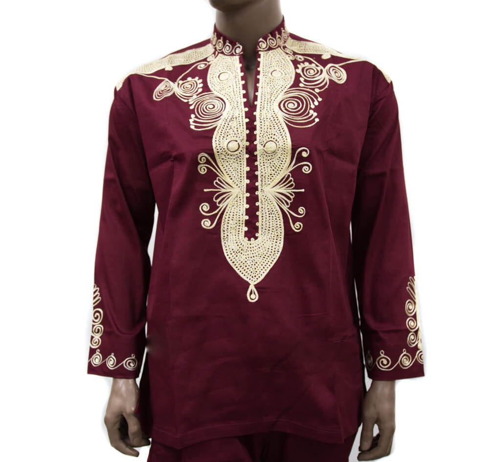 MW23 -  Men Clothing Pant Suit Burgundy/Gold Metallic Embroidery Made in Ghana - Details in Description - Tess World Designs