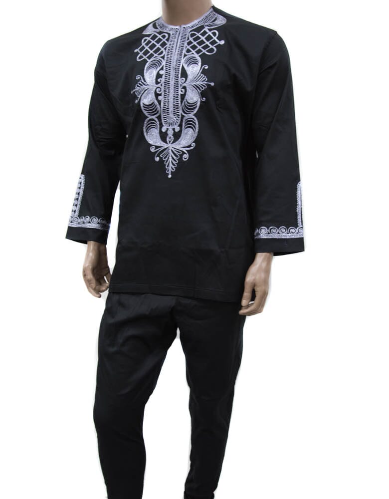 MW19 -Black/Silver Handmade Men Clothing Made in Ghana African Embroidery Pant Suit - Details in Description - Tess World Designs