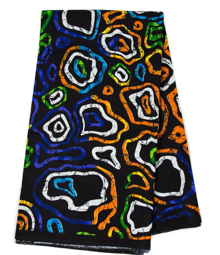 WP1788 - Batik Inspired African fabric, Quality Black/Orange/Indigo Ankara Print - Tess World Designs