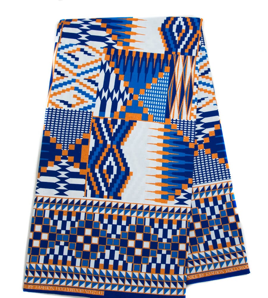 WP1793 - Quality African fabric Beige/Blue/Navy metallic Glitter fabric - Tess World Designs