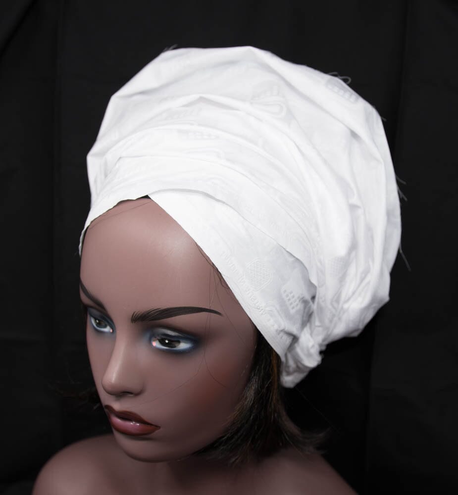 HT376 - White Bazin African Headwraps, Ankara headwraps - Tess World Designs