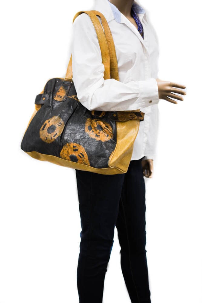 BG158- Black, Gold Handcrafted African leather bag Mali Bag Gift idea Shoulder Bag - Tess World Designs