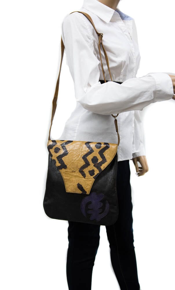 BG141 - Assorted Handmade African leather bag, Gye Nyame Black West African bag - Tess World Designs