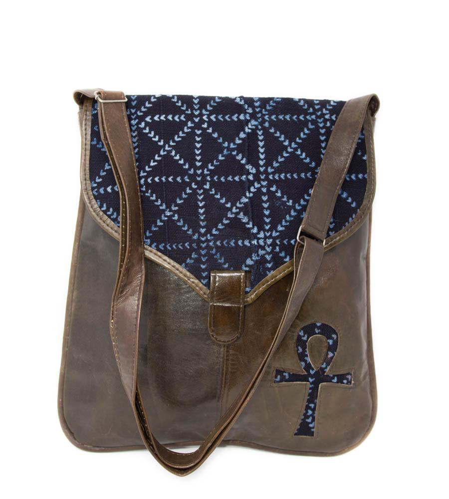 Ankh Indigo Handmade African leather Crossbody bag/ Mudcloth bag BG123 - Tess World Designs