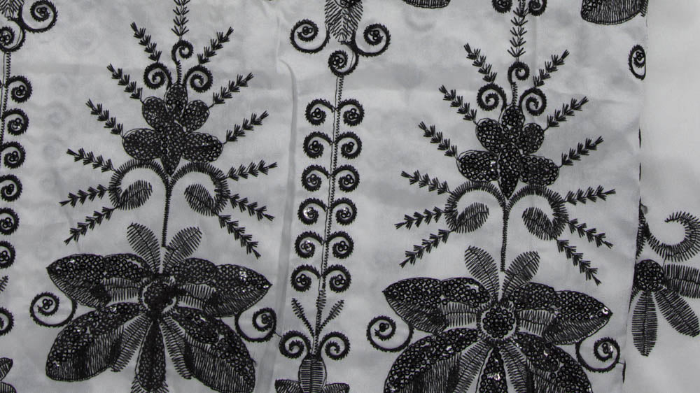 G24-WBBUT - George lace, African Lace Fabric, Black, White with Sequins, 5 yards - Tess World Designs