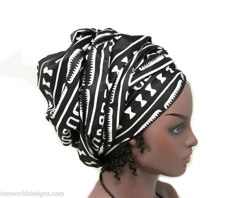 African Headwrap women/ black and white mudcloth print headwrap HT319 - Tess World Designs