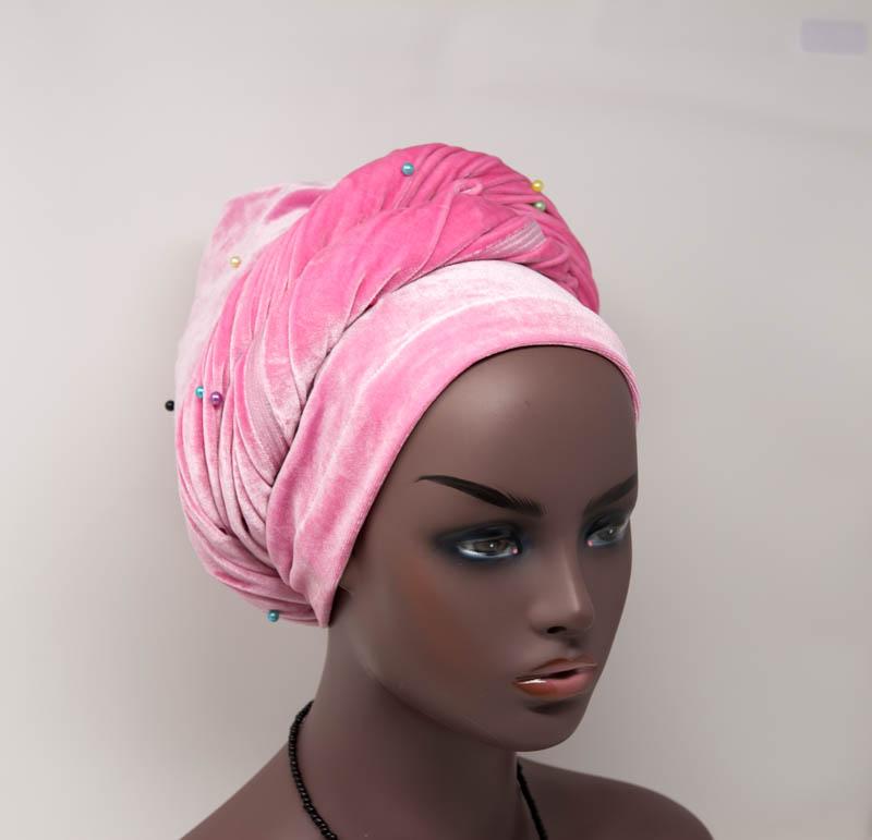 Pink Stretch Velvet tubular headwrap/ brown beaded HT239 - Tess World Designs