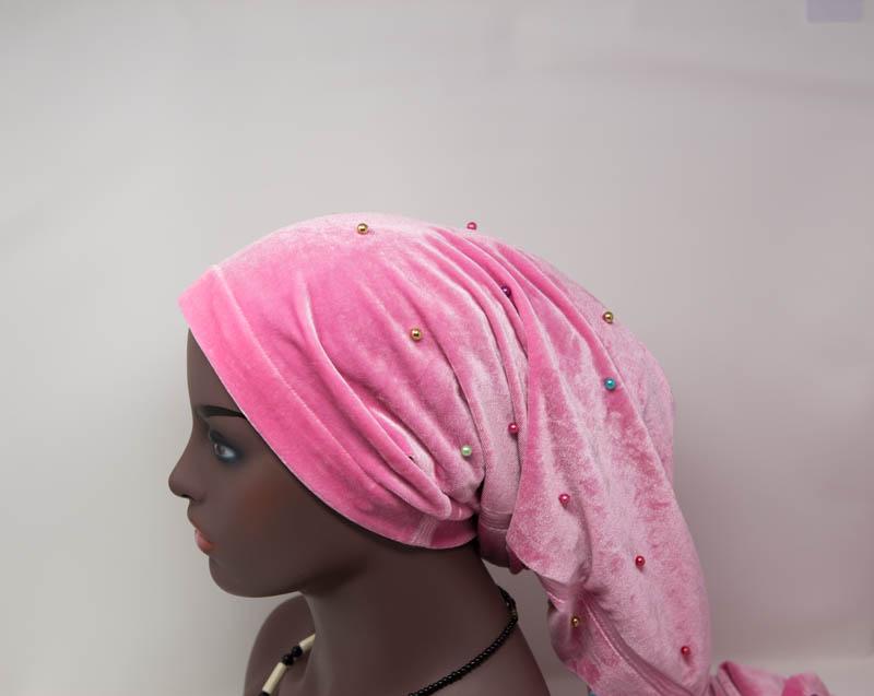 Pink Stretch Velvet tubular headwrap/ brown beaded HT239 - Tess World Designs
