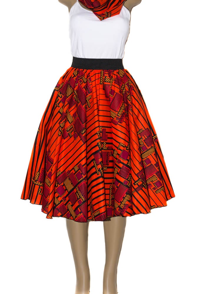 Red African clothing/  Circular Maxi Skirt with Headwrap/ Midi Skirts/ DW39 - Tess World Designs
