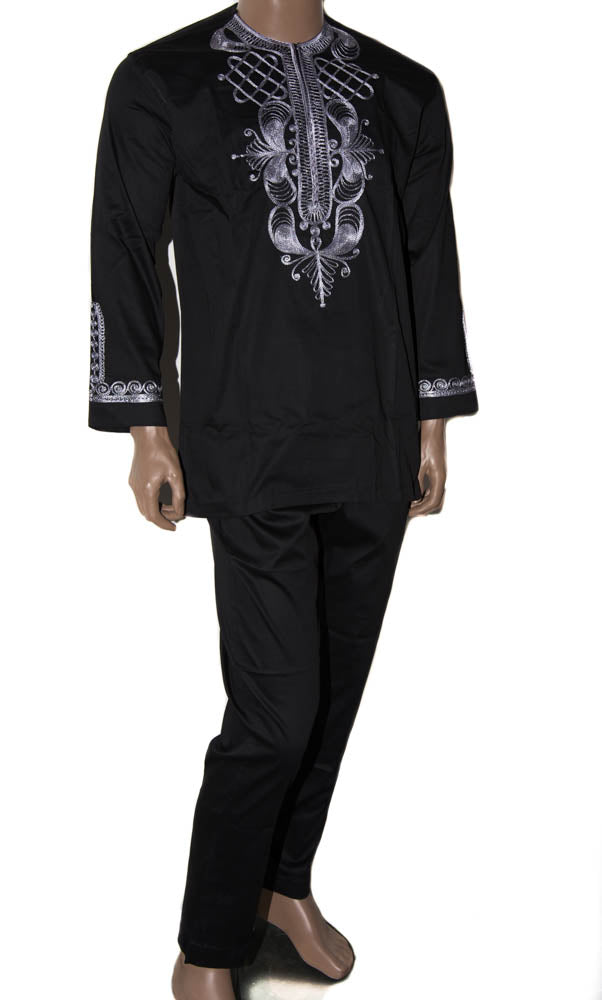 Men clothing/ Black/silver embroidery 2 way stretch pant suit/ MW19 - Tess World Designs