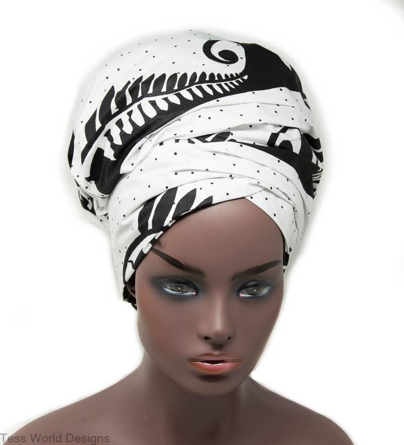 African head wrap/ black and white Dziedzom wrap HT335 - Tess World Designs