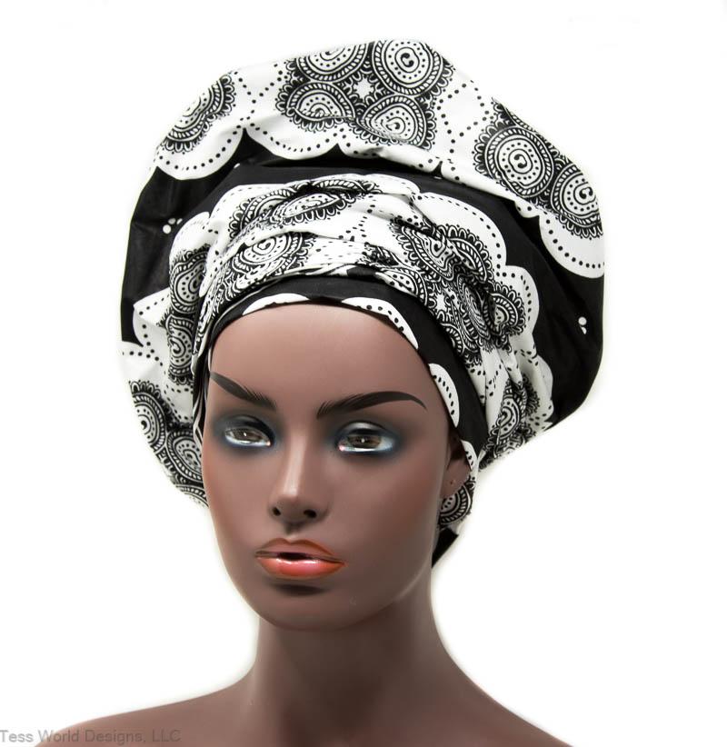 African head wrap/ black and white Wogbe wrap HT334 - Tess World Designs
