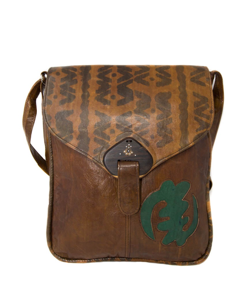 Handmade African leather bag / Gye Nyame/ Indigo cloth West African bag BG112 - Tess World Designs