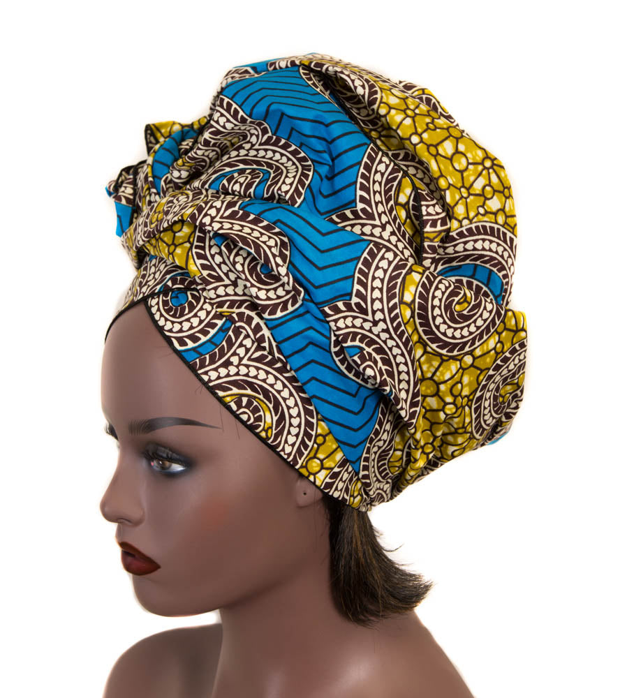 African Headwraps, Blue/Olive Ankara headwraps / HT366 - Tess World Designs