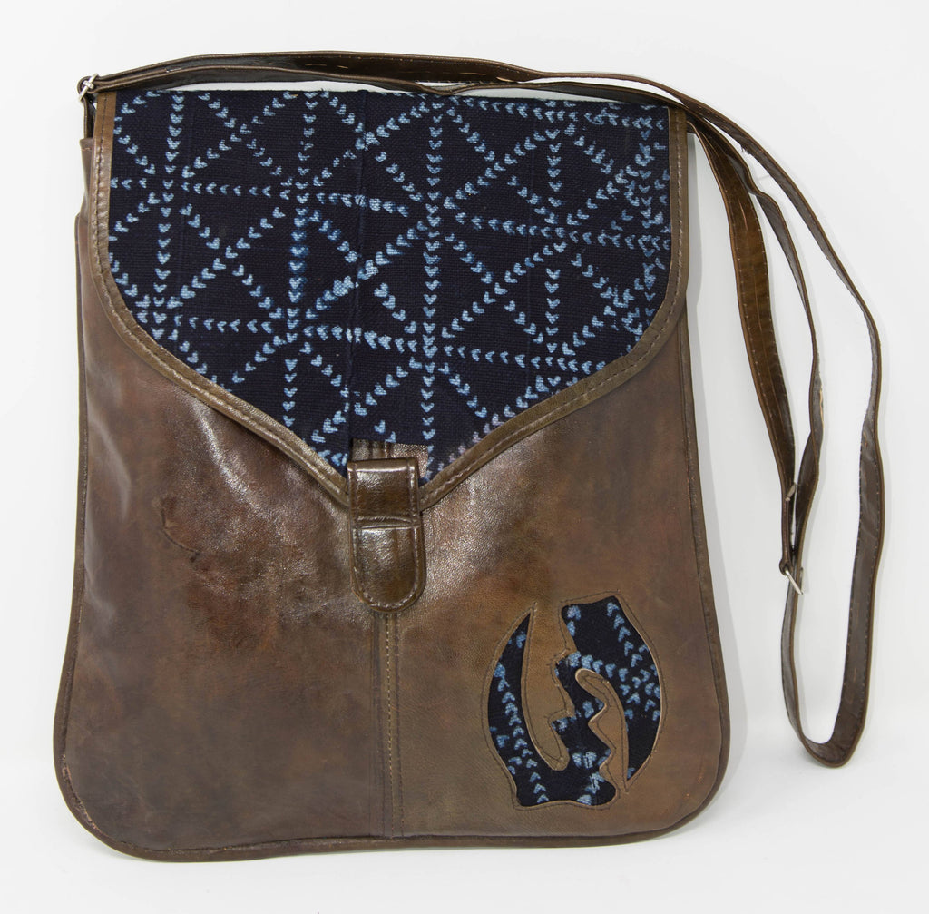 Handmade African leather bag / Gye Nyame/ Indigo cloth West African bag BG112 - Tess World Designs