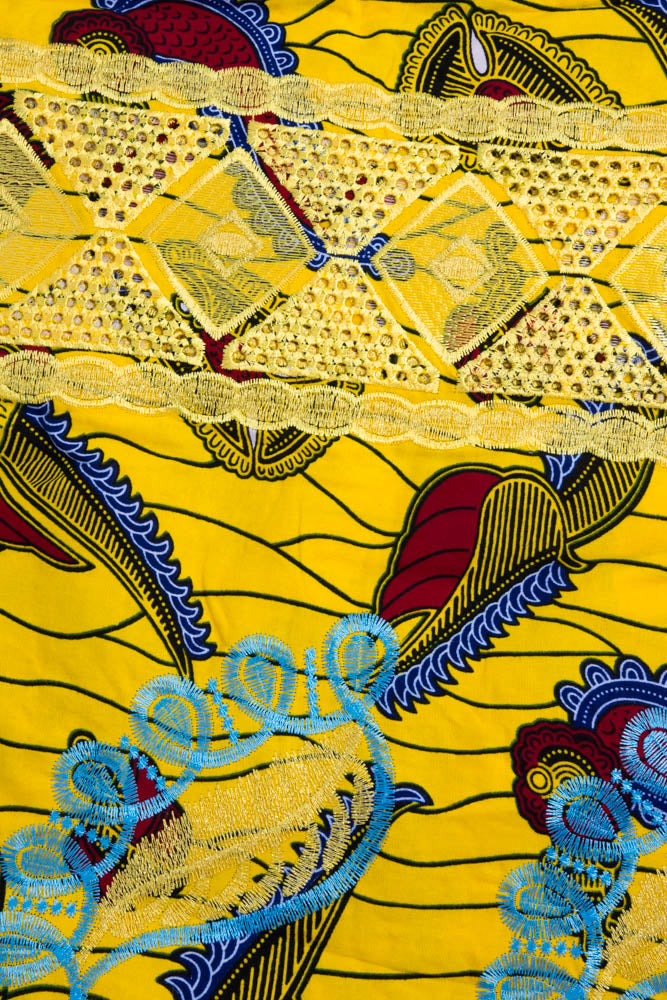 GW04-YRB- African Fabric Wax Lace Fabric, Yellow/ 6 yards - Tess World Designs