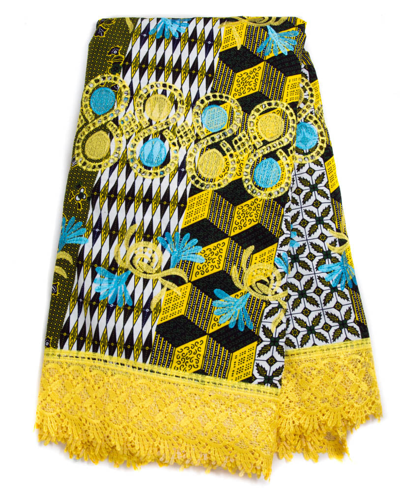 GW07-WYBB - African Fabric Wax Lace Fabric, Yellow Patchwork 6 yards - Tess World Designs