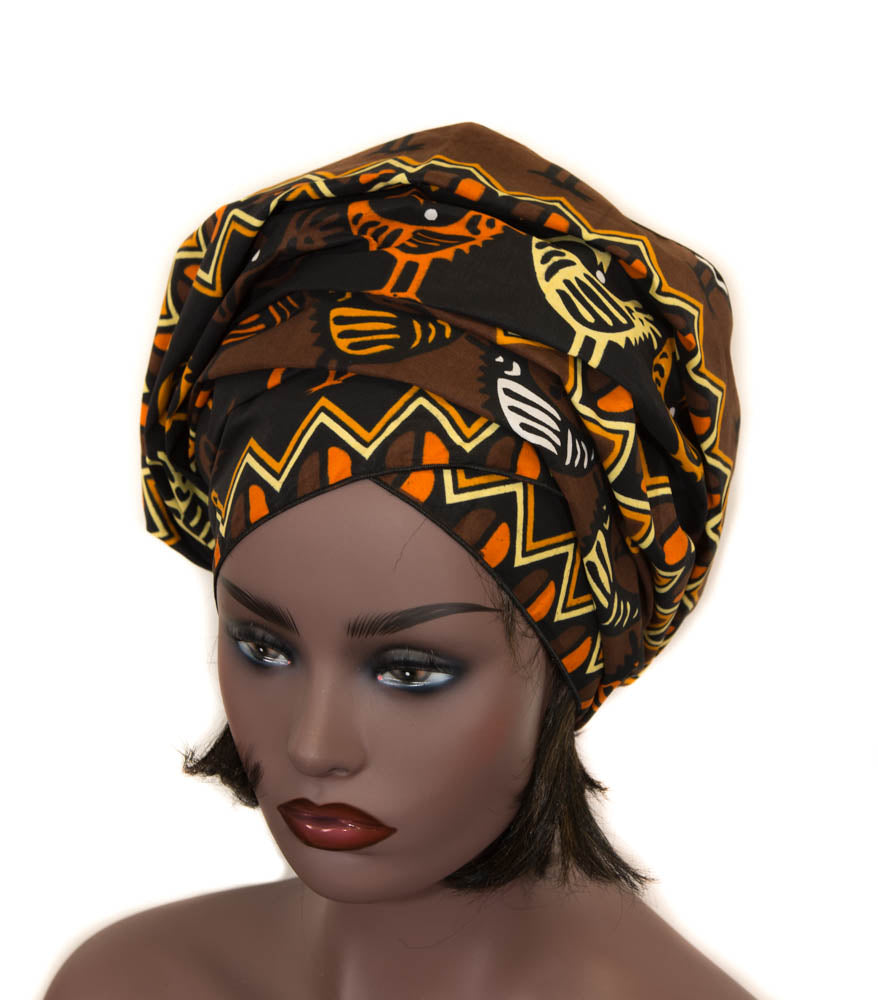 Sankofa African fabric Head wraps/ Black-Brown Turban Headwrap HT348 - Tess World Designs