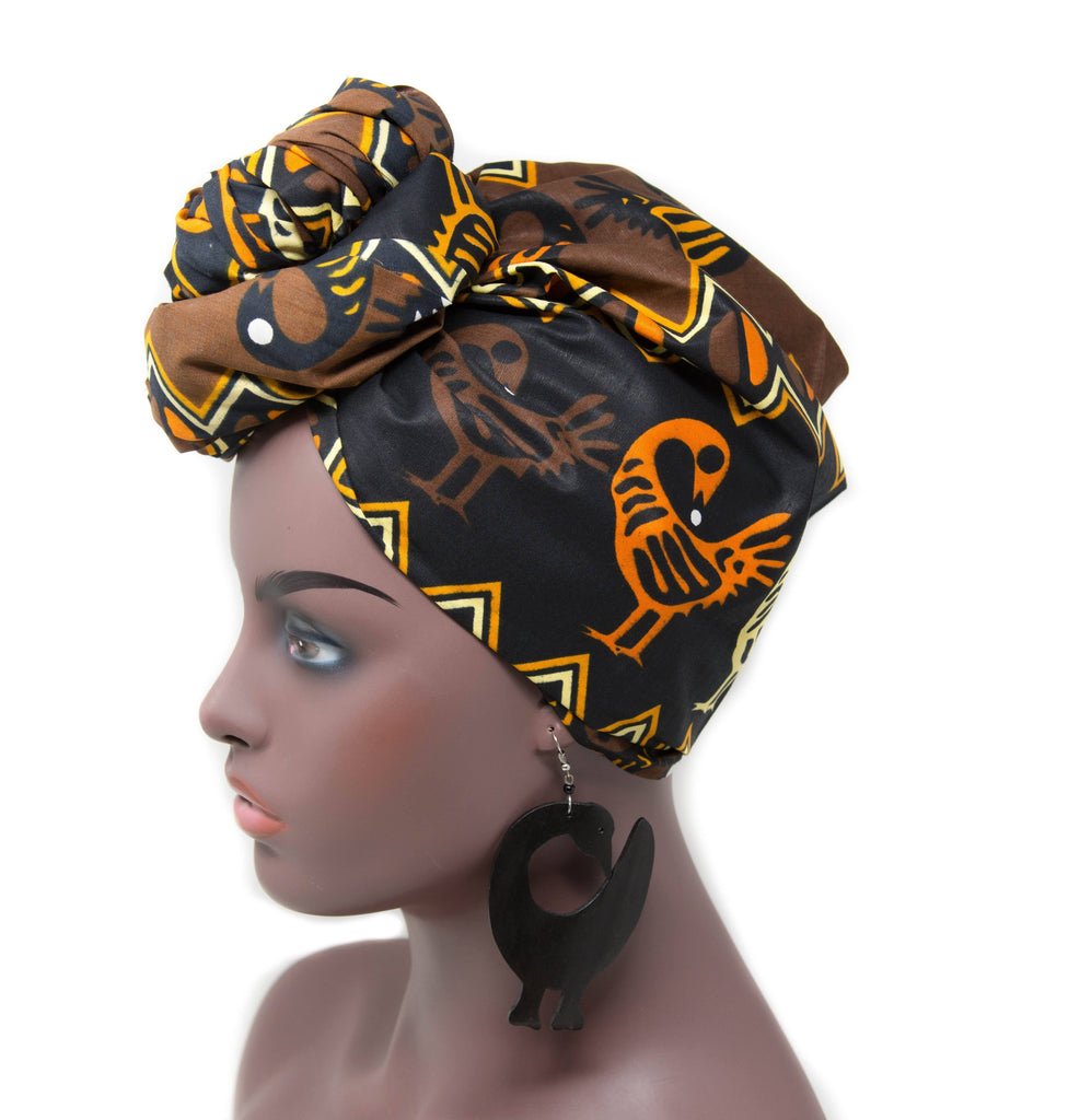 Sankofa African fabric Head wraps/ Black-Brown Turban HT342 - Tess World Designs