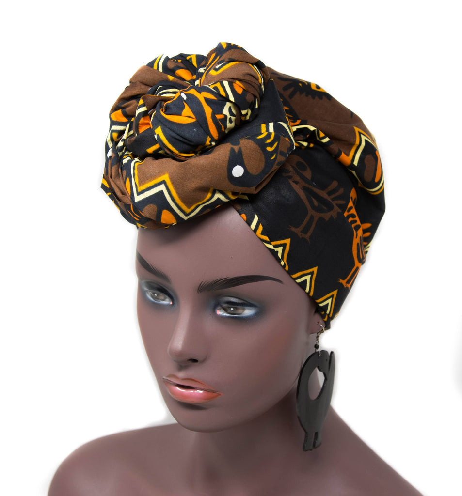 Sankofa African fabric Head wraps/ Black-Brown Turban HT342 - Tess World Designs