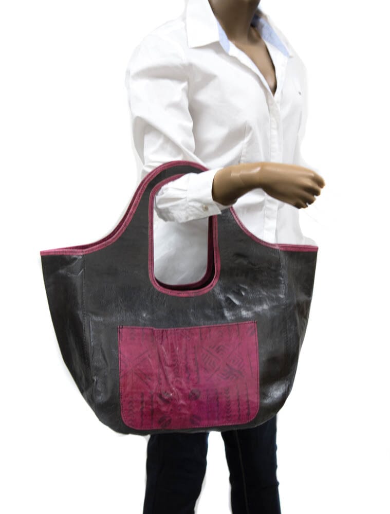BG96 - Handmade African leather bag / Gift ideas/ Black, Pink Mariama Tote bag - Tess World Designs