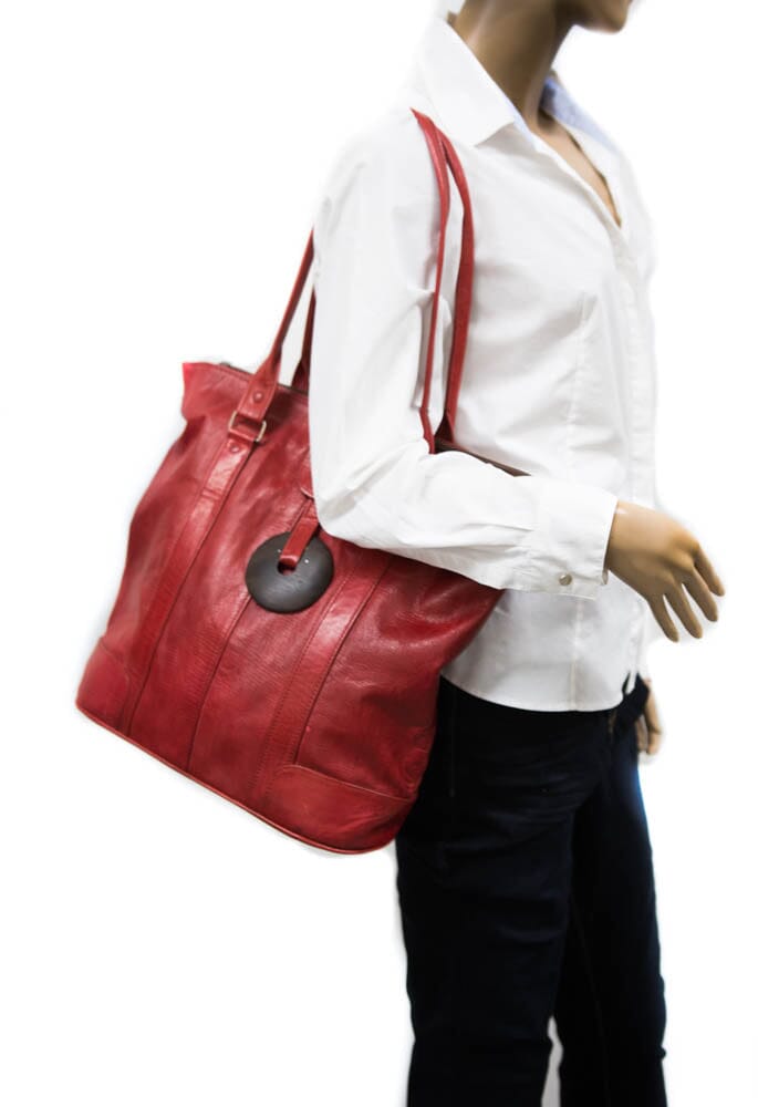 BG104 - Large Handcrafted Red African leather bag, Gift ideas, West Africa, Tote bag - Tess World Designs