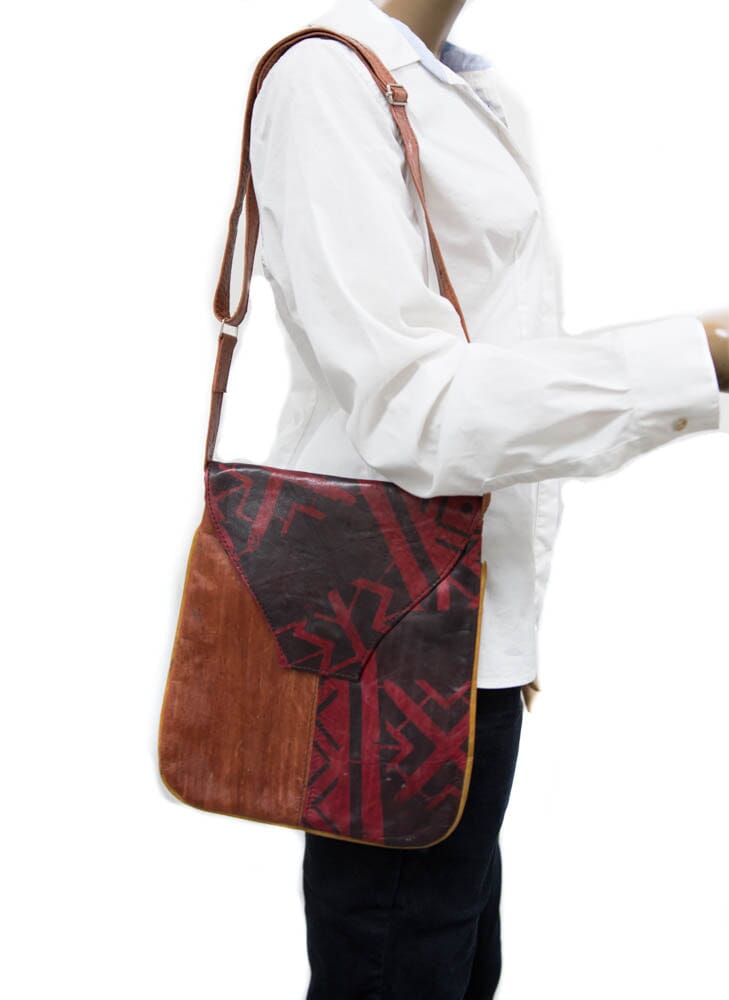 WP142 - Handmade African leather Mud Cloth Design bag, Brown/Black West African bag - Tess World Designs