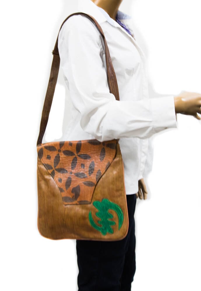 WP141 - Handmade African leather bag, Gye Nyame Black West African bag - Tess World Designs