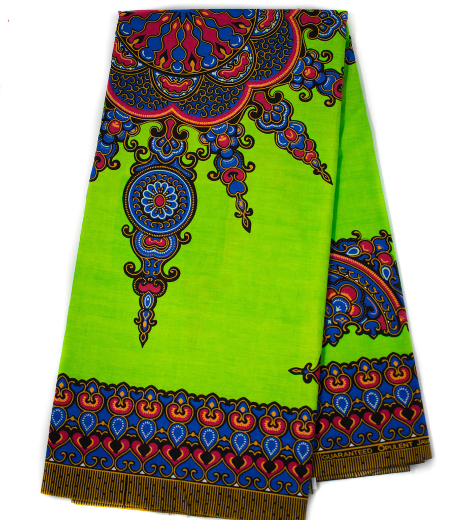 Dashiki fabric/ by the panel, African fabric/ lime green small design, DS91B - Tess World Designs