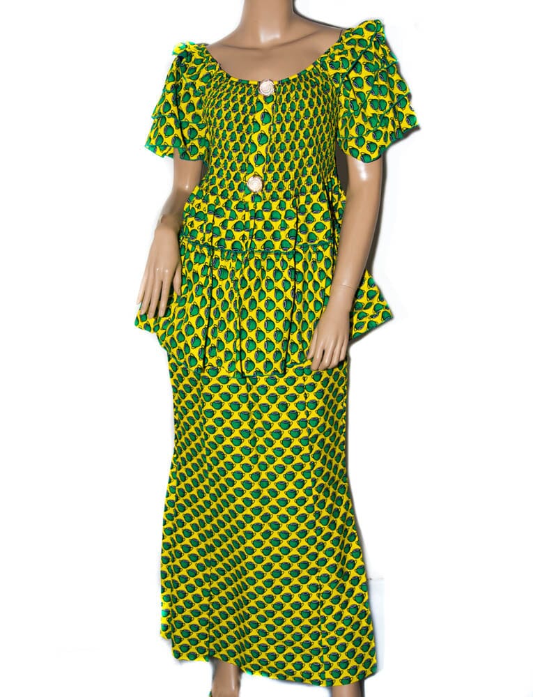 DW44 - Green, Yellow Pintuck top and a maxi skirt African clothing made in Togo, West Africa. - Tess World Designs