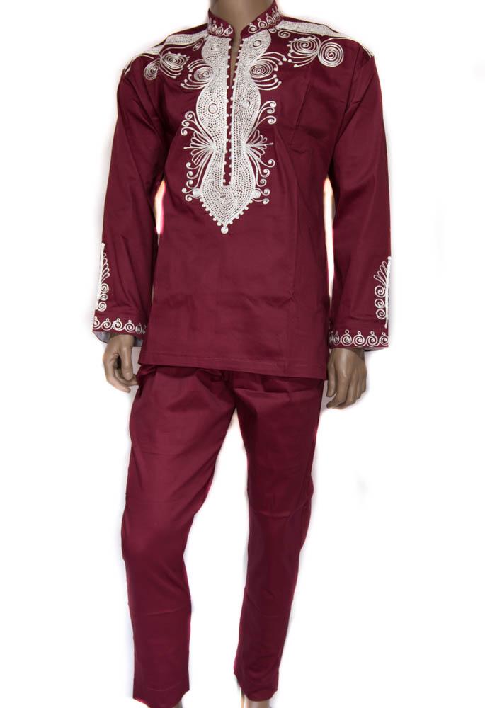 Men clothing/ Burgundy/white embroidery 2 way stretch pant suit/ MW20 - Tess World Designs