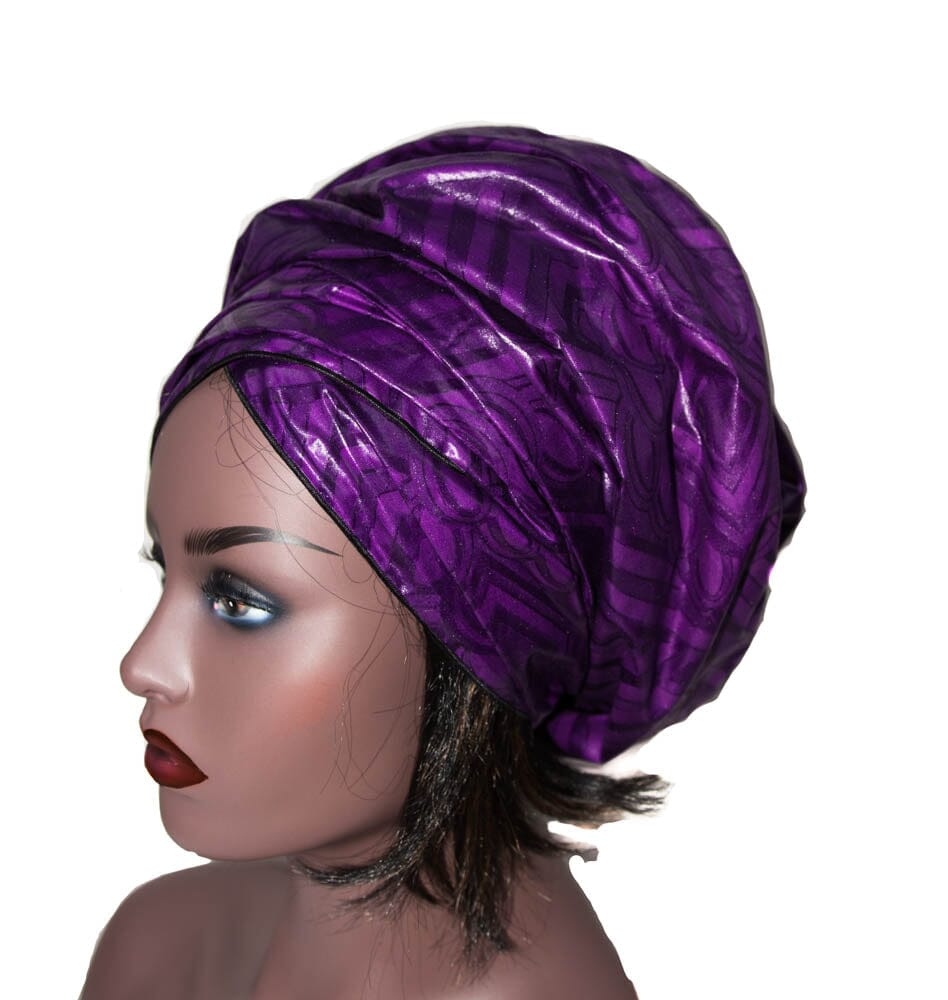 HT92 -Head Wrap, Extra long Quality Purple African Bossed Ghalila Bazin Brocade - Tess World Designs