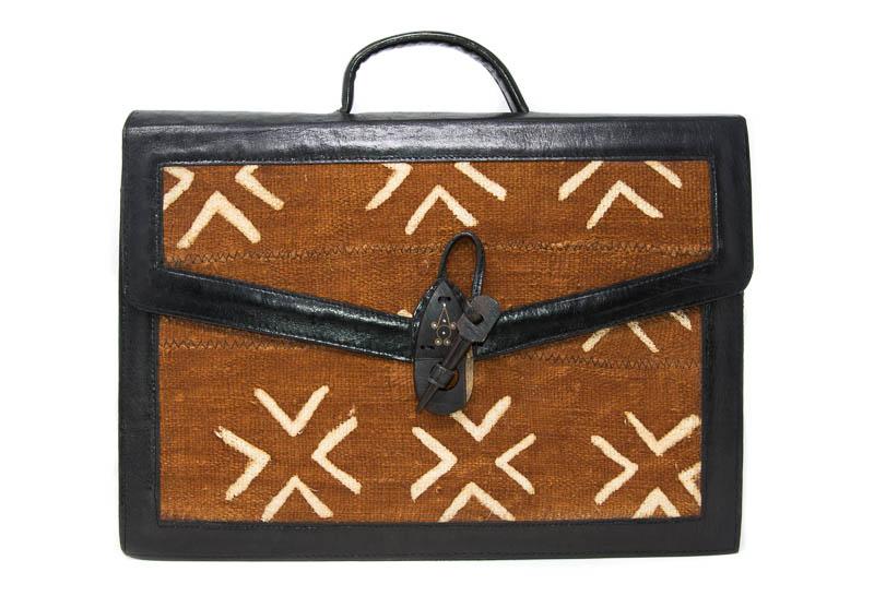 Genuine Leather /Handmade Black leather/ mudcloth/ Made in Mali BG33 - Tess World Designs