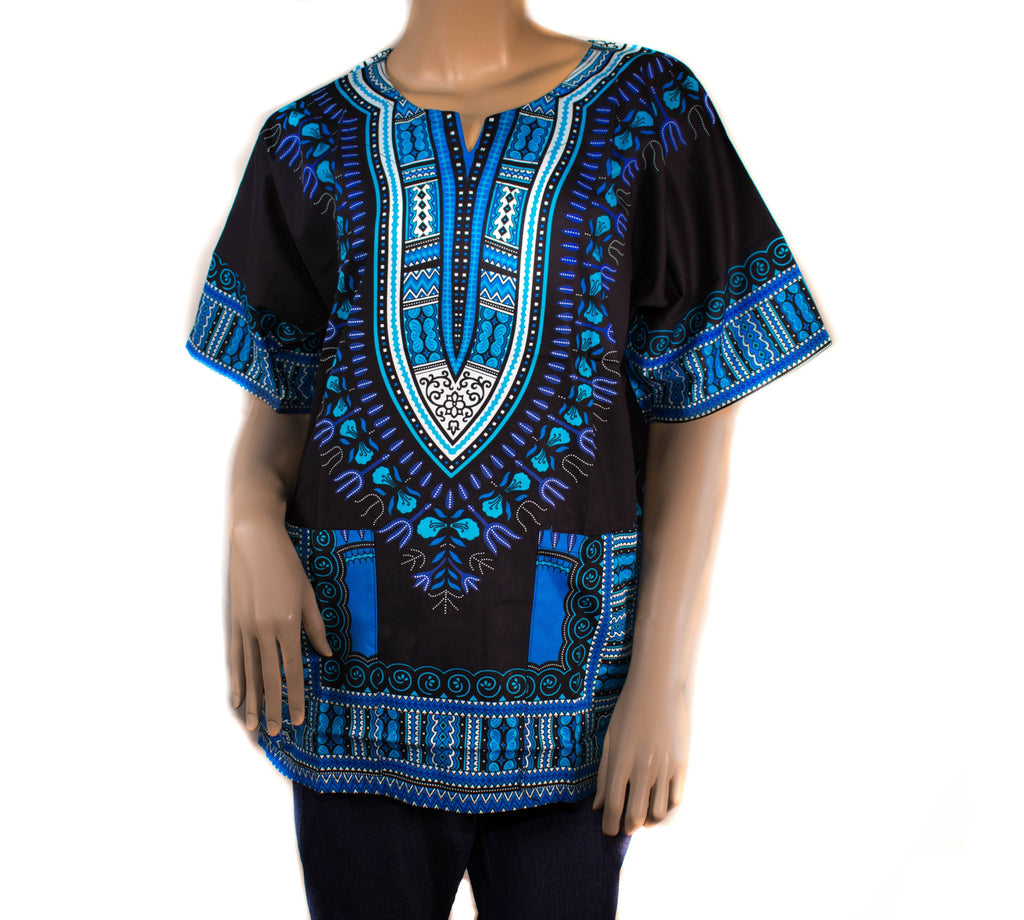 Dashiki shirt, African clothing, black/blue DW06 - Tess World Designs