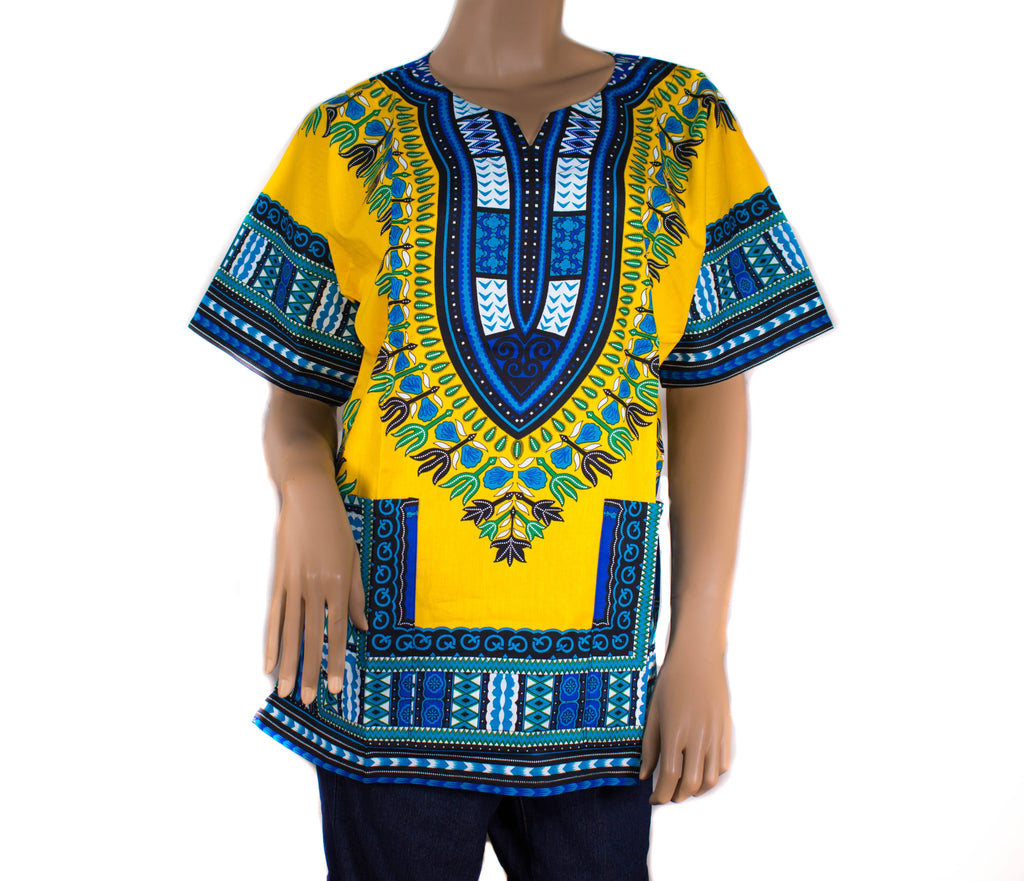Dashiki shirt, African clothing, yellow/blue DW01 - Tess World Designs