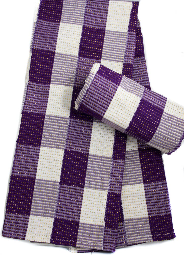 WK140-WHITEPURPLE, Handwoven Kente Cloth from Ghana, 2-piece Queen Set, Ewe Kete - Tess World Designs