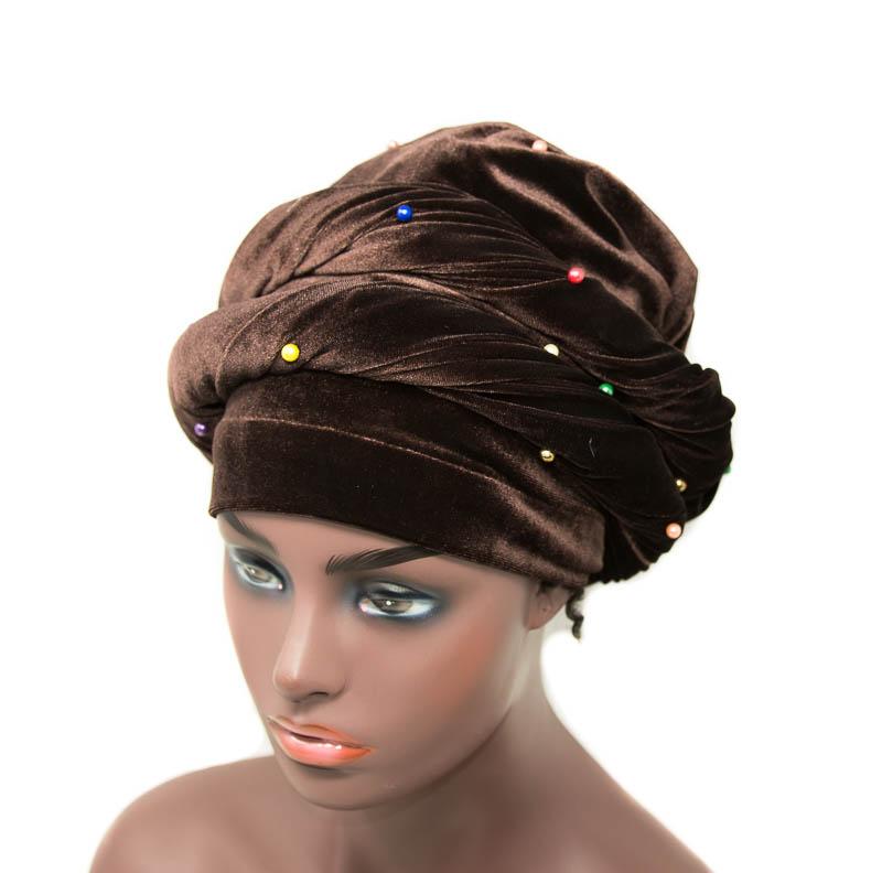 Stretch Velvet tubular headwrap/ brown beaded HT238 - Tess World Designs