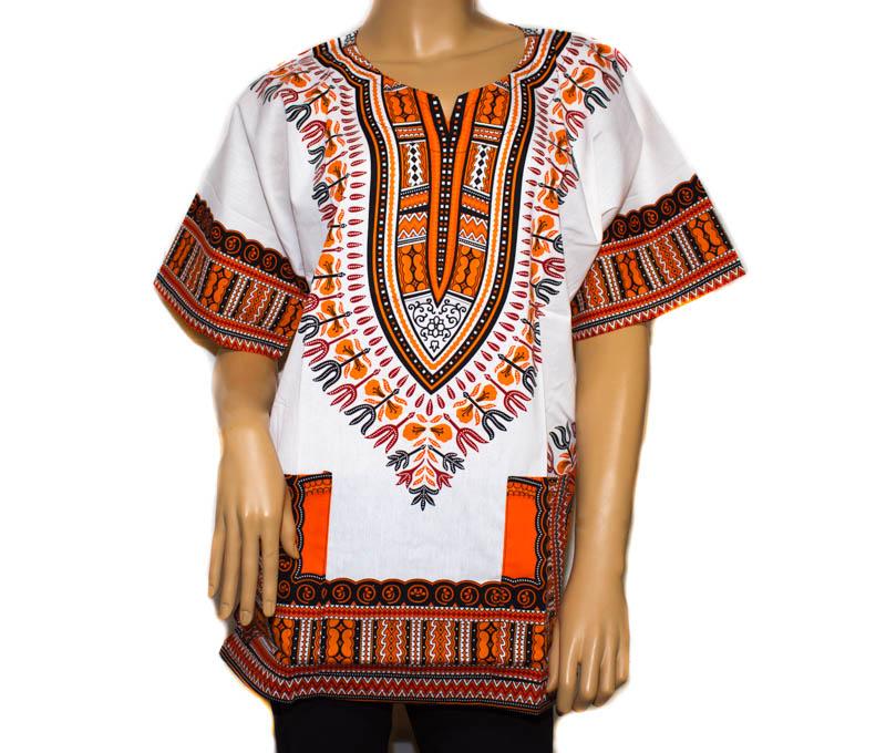 Dashiki shirt, African clothing, white/bright orange DW07 - Tess World Designs