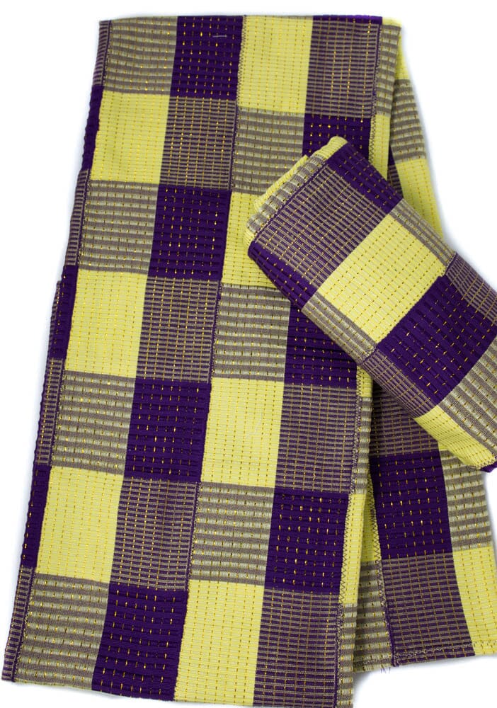 WK141-Q 2-piece Queen Set, Handwoven Kente Cloth from Ghana Purple Yellow Agbesi, Ewe Kete - Tess World Designs