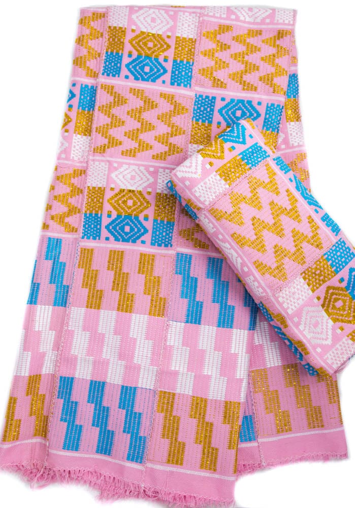 WK144-Q - Pink  2-piece Queen Set, Handwoven Kente Cloth from Ghana/ Ewe Kete - Tess World Designs