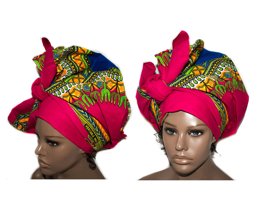 Headwrap, head wrap scarf, tessworlddesigns, Fuchsia pink dashiki head wrap HT270 - Tess World Designs