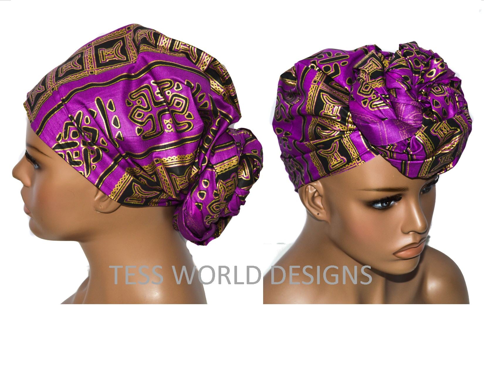 African Head Wraps, African fabric/ purple golden Stool HT35– Tess ...