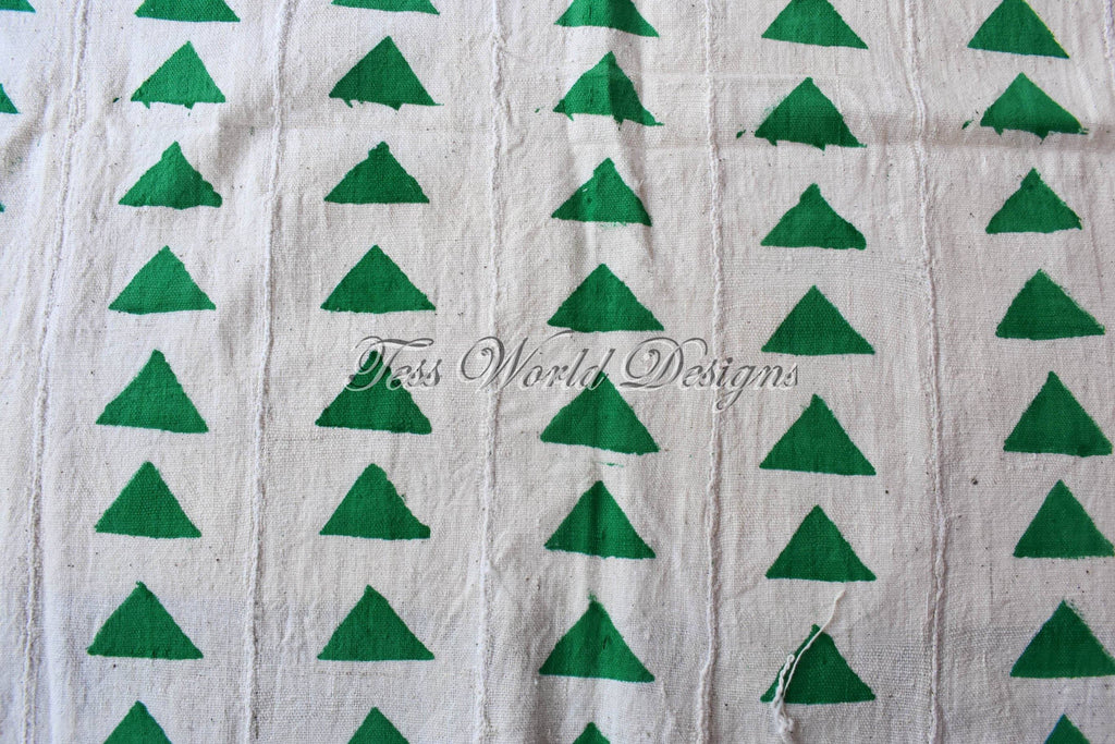 Authentic Mali mud cloth Fabric, Green triangles, MC218 - Tess World Designs